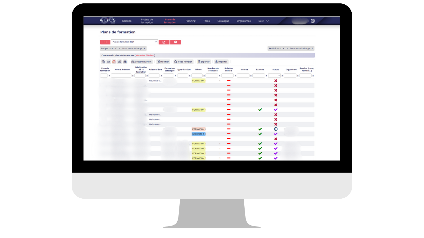 Visuel de la partie plan de formation du logiciel RH ALICS
